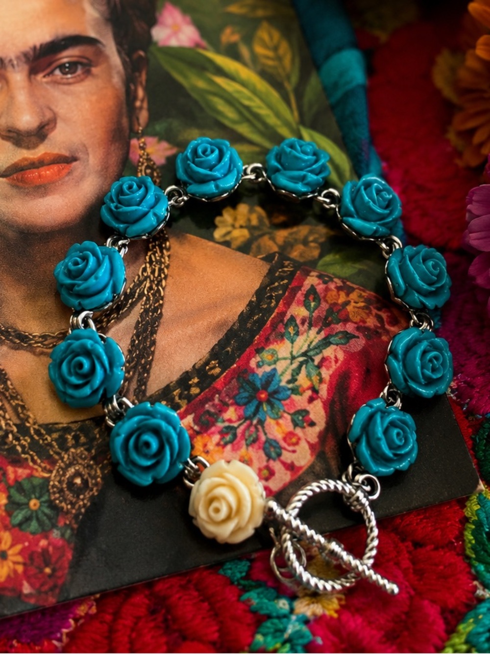 Vintage Turquoise Blue Rose Bracelet Boho Floral Lucite Silver Link Bracelet
